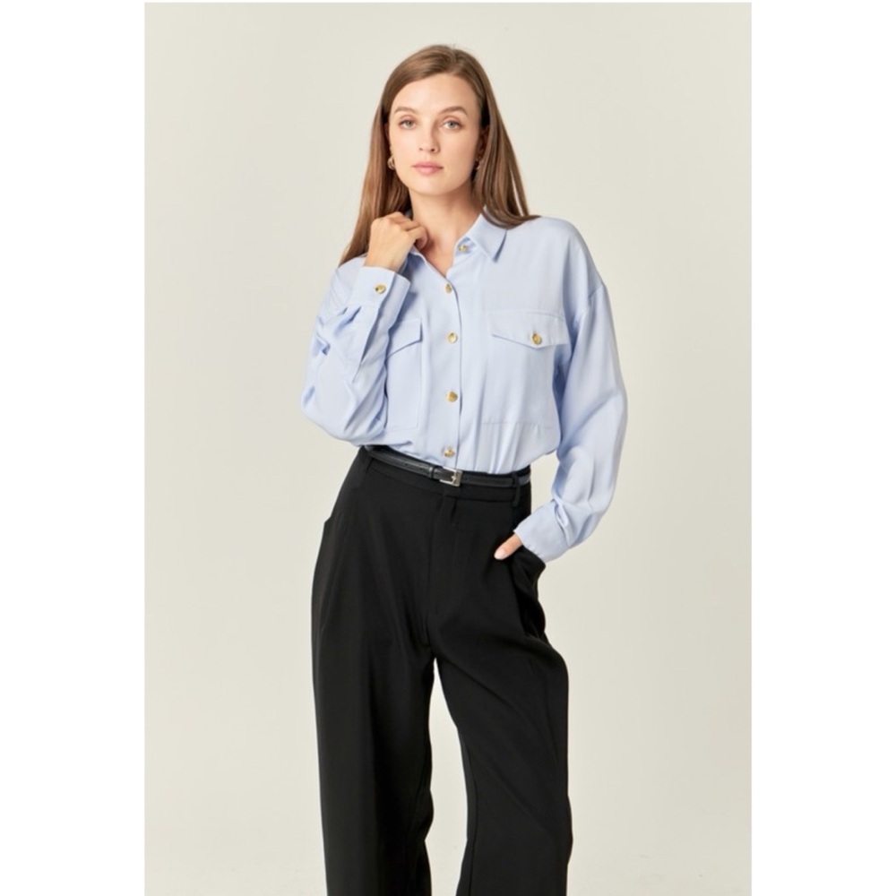 Light Blue Button-Front Utility Blouse - Picture 6 of 6